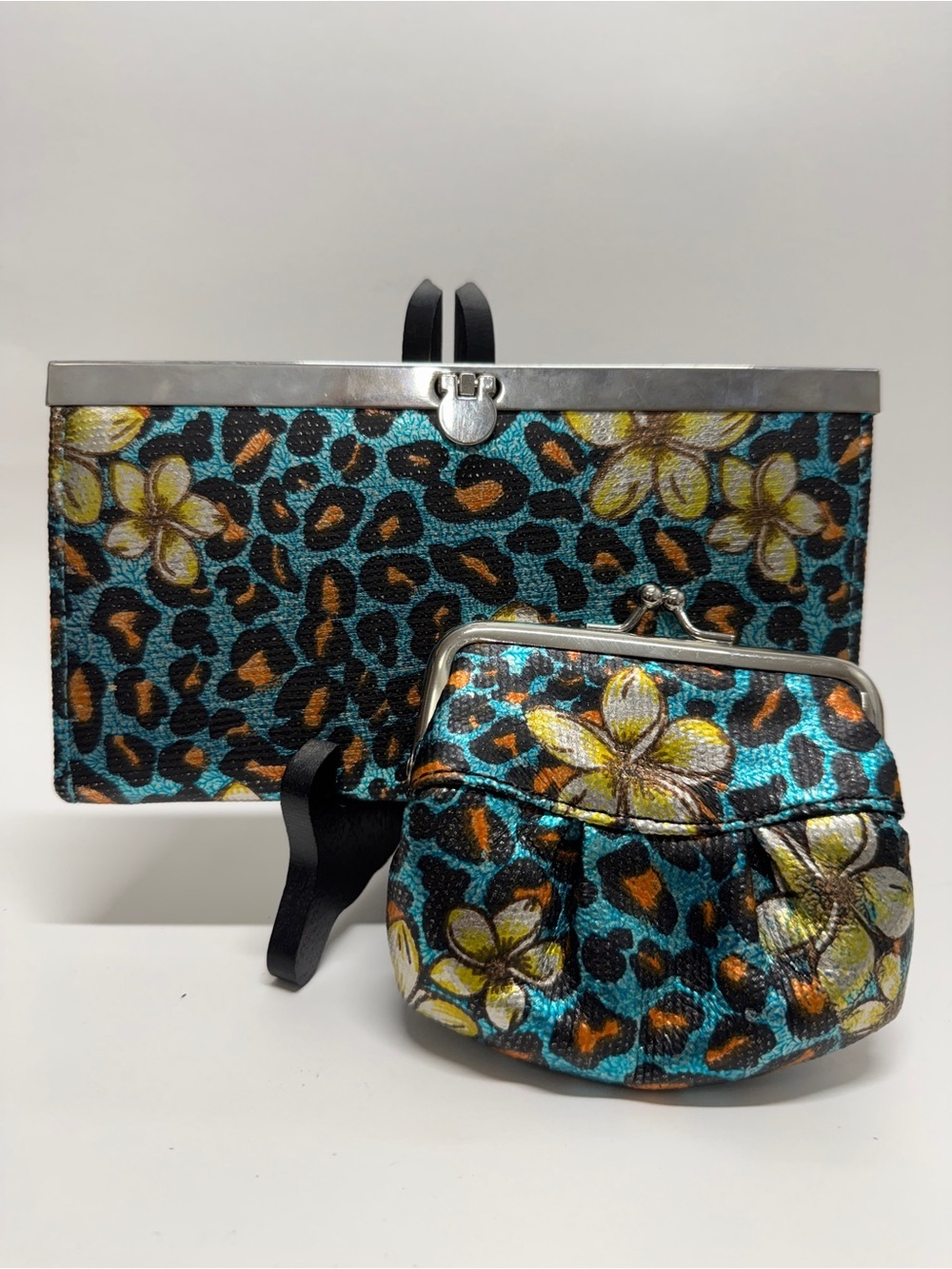 Mirror Mirror Teal Floral Leopard Print Clutch & Coin Purse Set